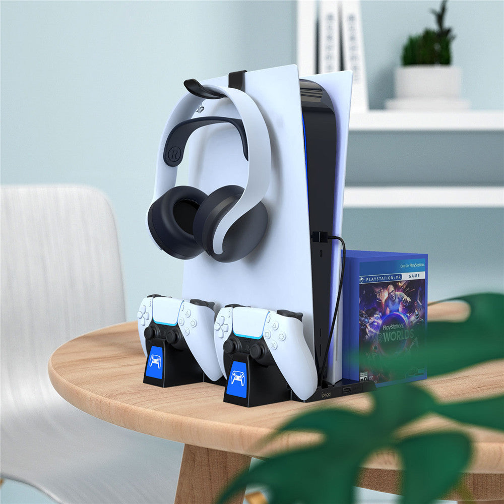 IPEGA PG-5009 Multifunctional Vertical Charging Dock Game Controller Charging Stand Storage Holder with Headset Hook Game Disc Container for PS5 IPEGA PG-5009 Multifunctional Vertical Charging Dock Game Controller Charging Stand Storage Holder with Headset Hook Game Disc Container for PS5